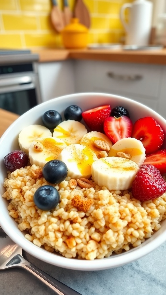 A colorful breakfast bowl with quinoa, banana, berries, and nuts, garnished with honey and cinnamon.